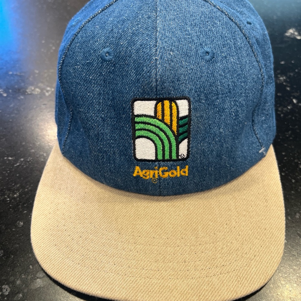 AgriGold farming hat Denim and Beige Cap, adjustable snapback corn logo